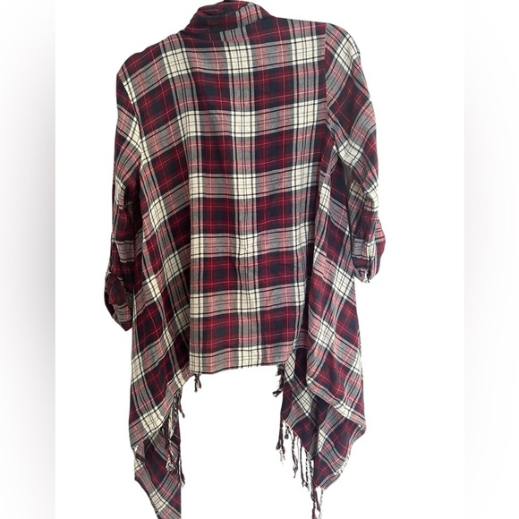 En Creme Plaid Flannel Fringed Cardigan Scarf Shaw Sz M - Picture 4 of 8